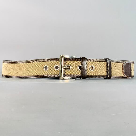 PRADA Size 38 Tan Brown Logo Canvas Leather Belt - Picture 1 of 12